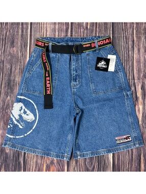 Jurassic World Belted Jean Shorts Juniors Size 9 NWT Dinosaur Claw Print Denim